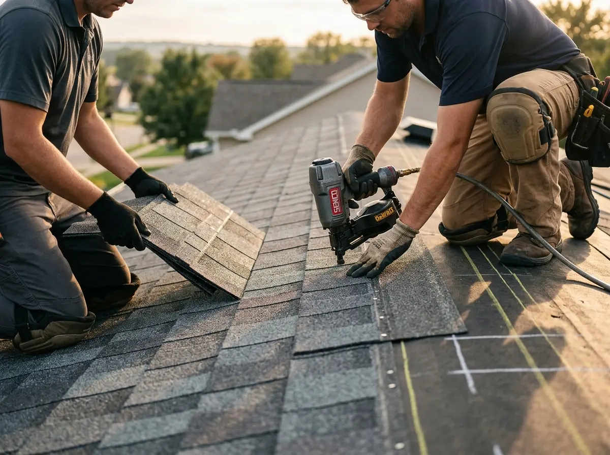 Professional roofer working on a residential roof in Senoia